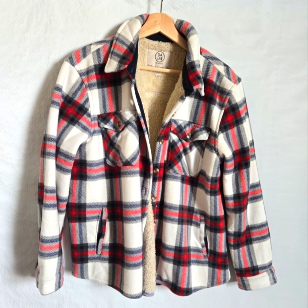 SAGE Shacket Women's Sz L White Blue Red Plaid Sherpa Lined Button‎ Down Flannel